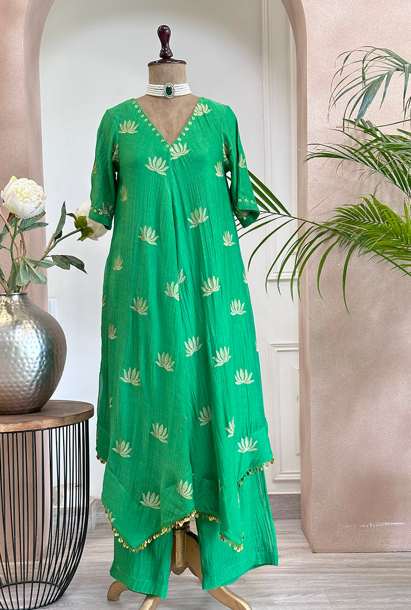 Green Lotus Asymmetrical Kurta Set