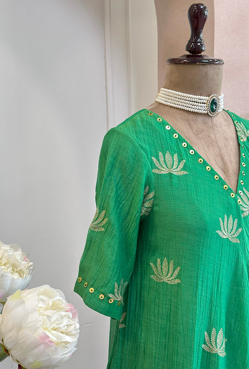 Green Lotus Asymmetrical Kurta Set