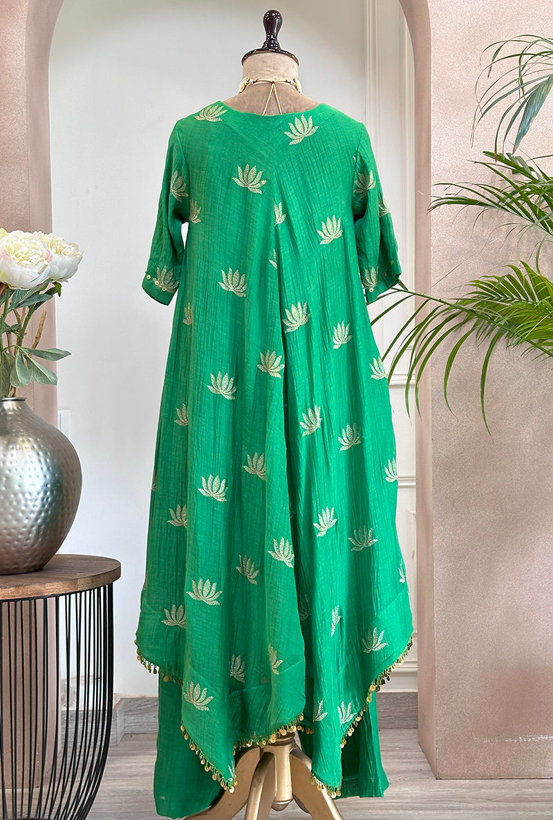 Green Lotus Asymmetrical Kurta Set