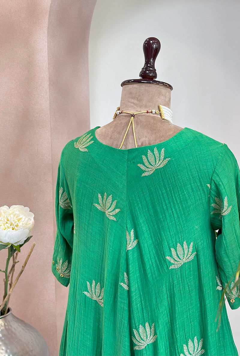 Green Lotus Asymmetrical Kurta Set