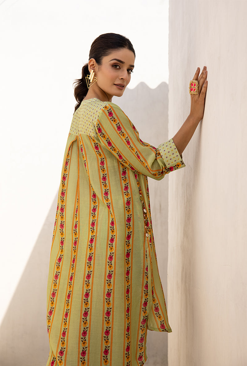 Green Stripe Print Long Sufia Co-ord Set