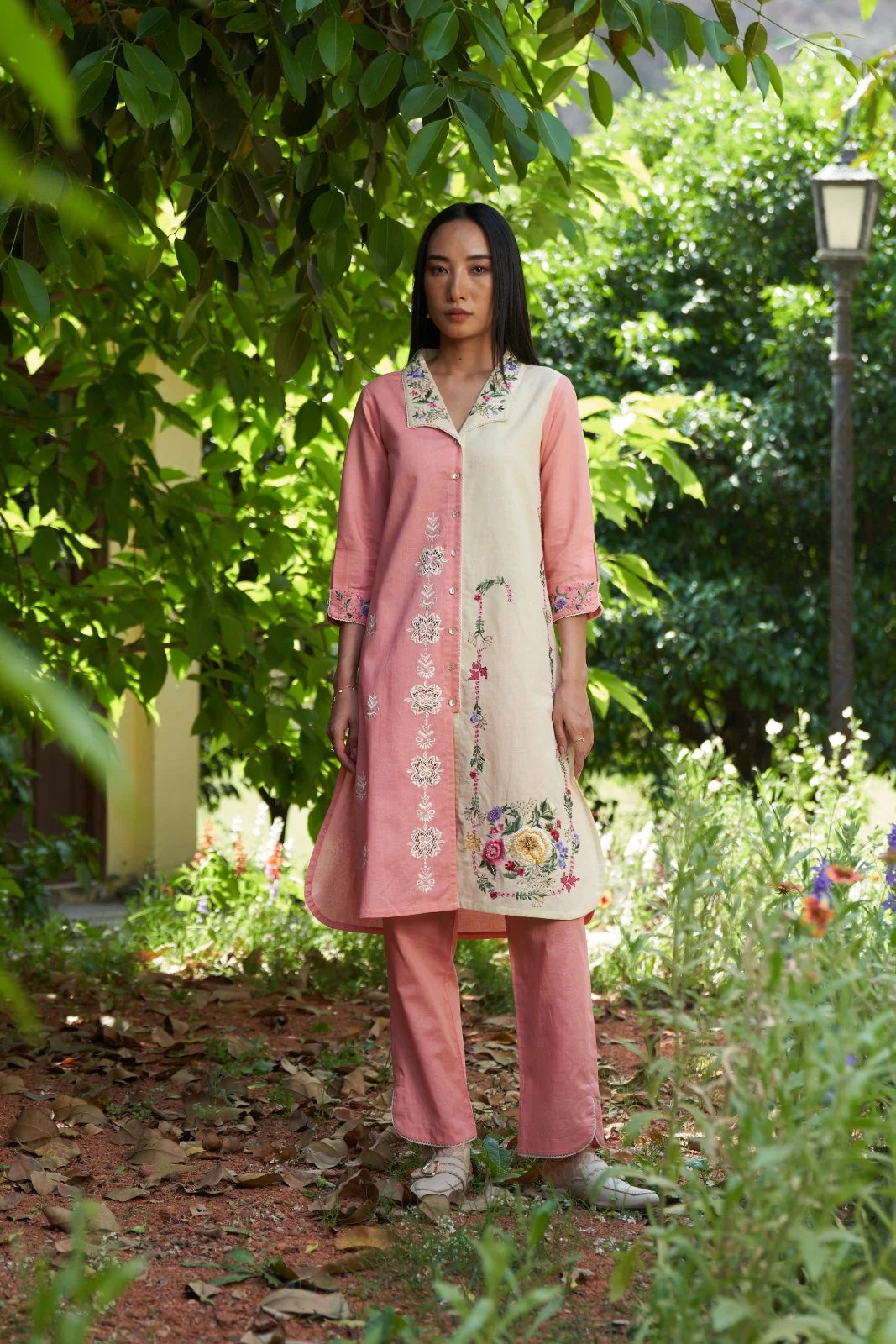 Pink And Beige White Applique Work Tulip Maple Kurta Set