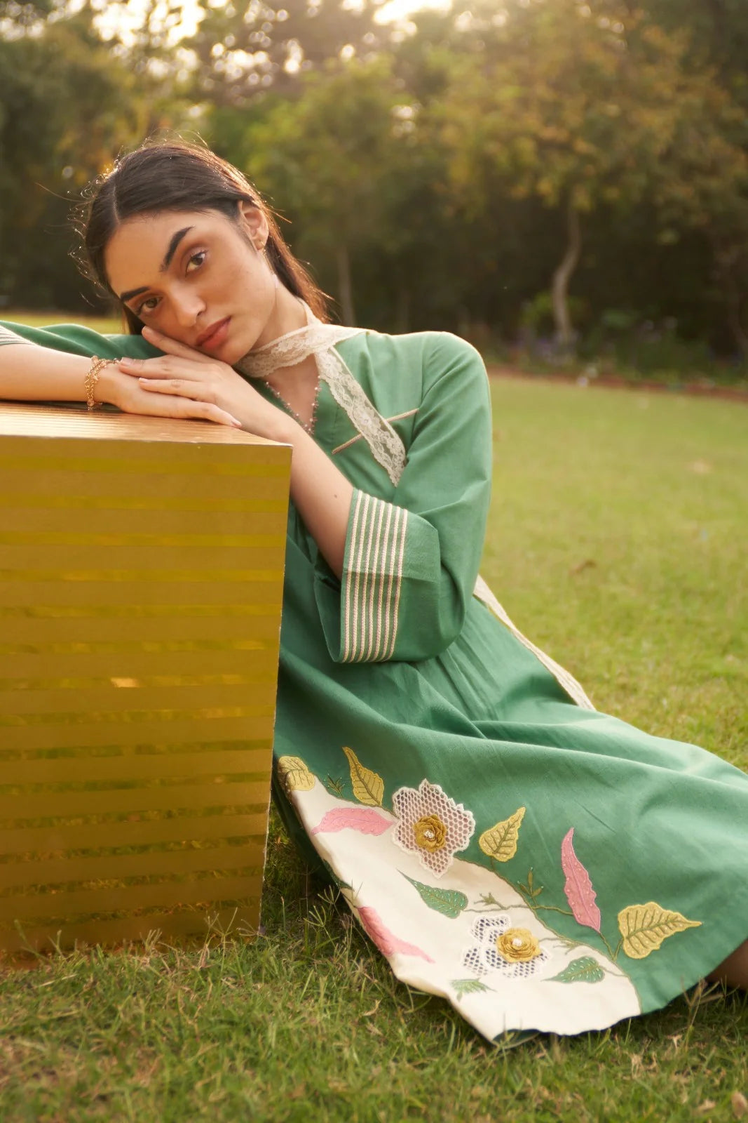 Green Applique Work Camellia Maple Dress