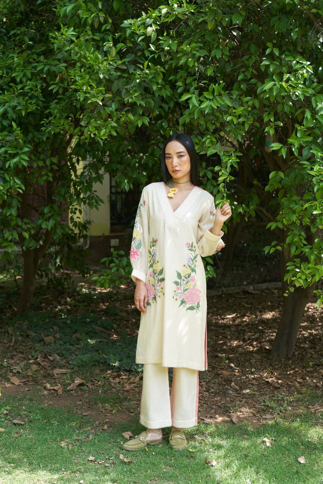 Beige Hand Embroidered Blossom Maple Kurta Set