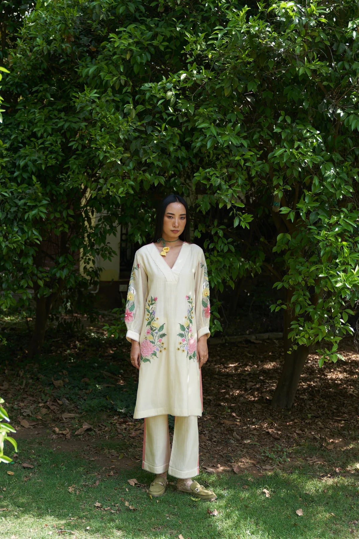 Beige Hand Embroidered Blossom Maple Kurta Set