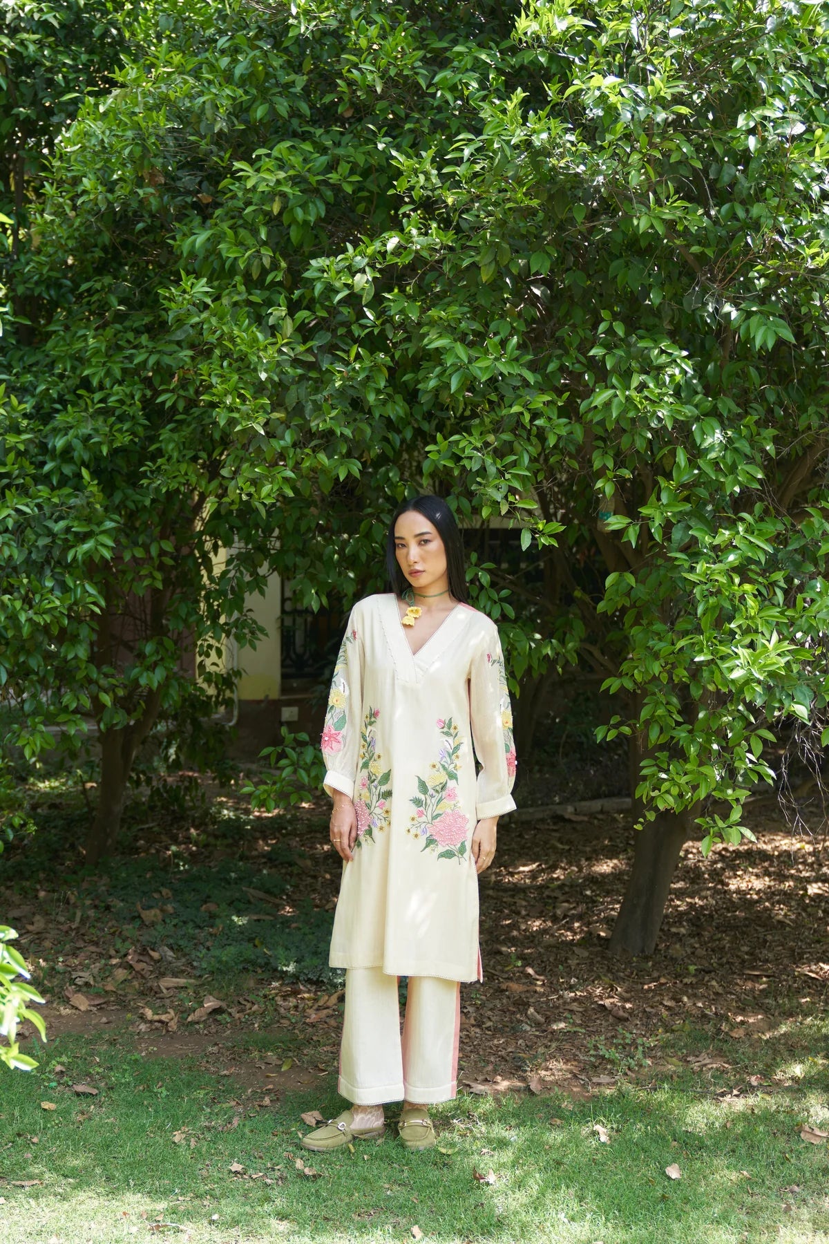 Beige Hand Embroidered Blossom Maple Kurta Set