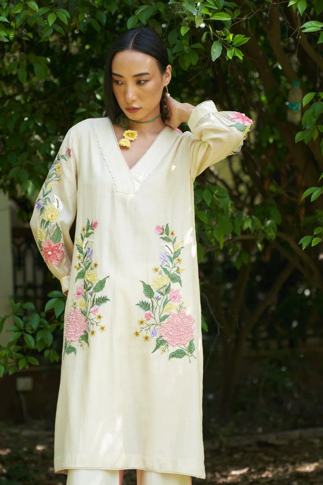 Beige Hand Embroidered Blossom Maple Kurta Set