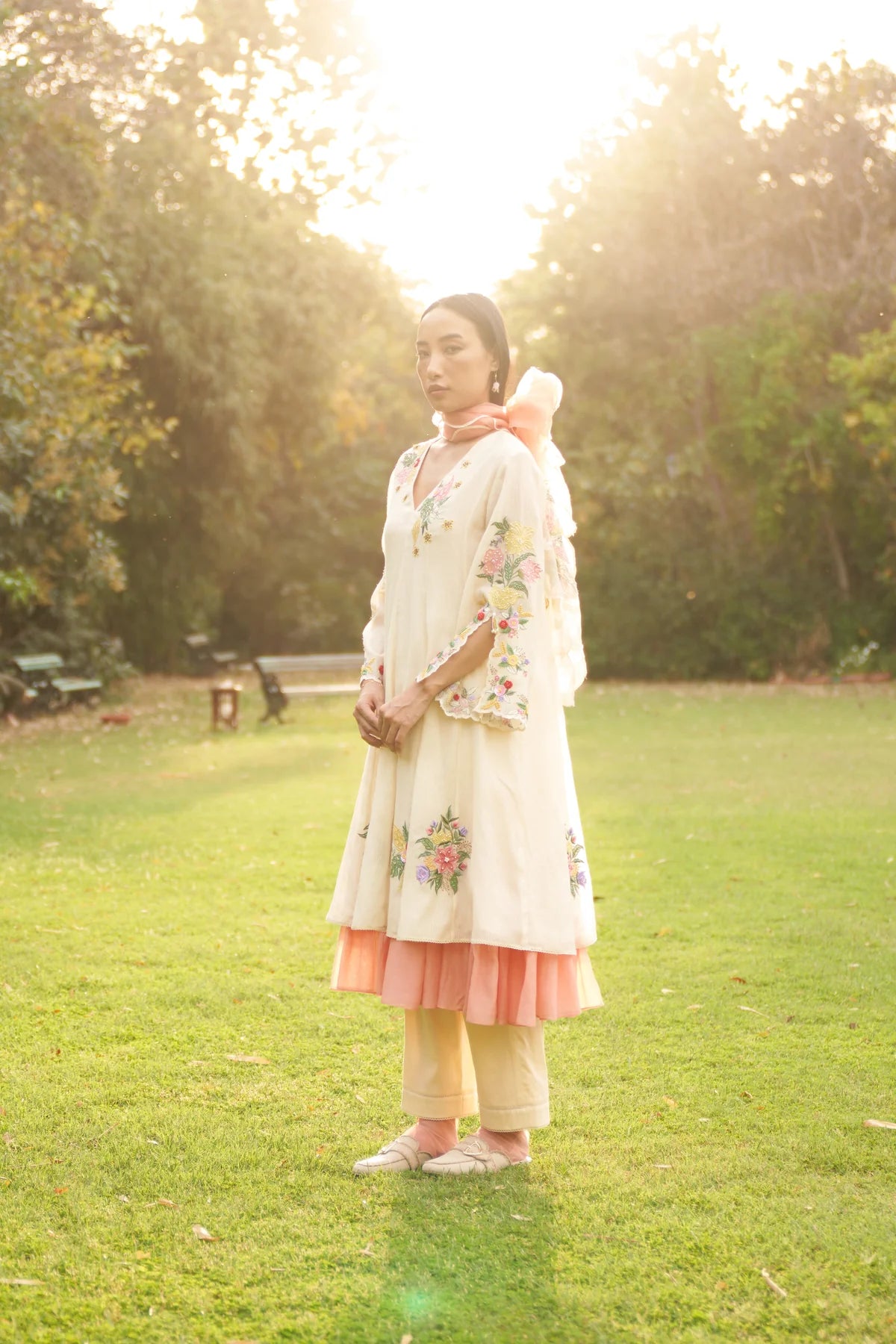Beige Hand Embroidered Sweet Pea Maple Kurta Set