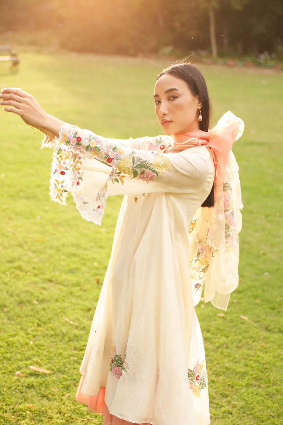 Beige Hand Embroidered Sweet Pea Maple Kurta Set