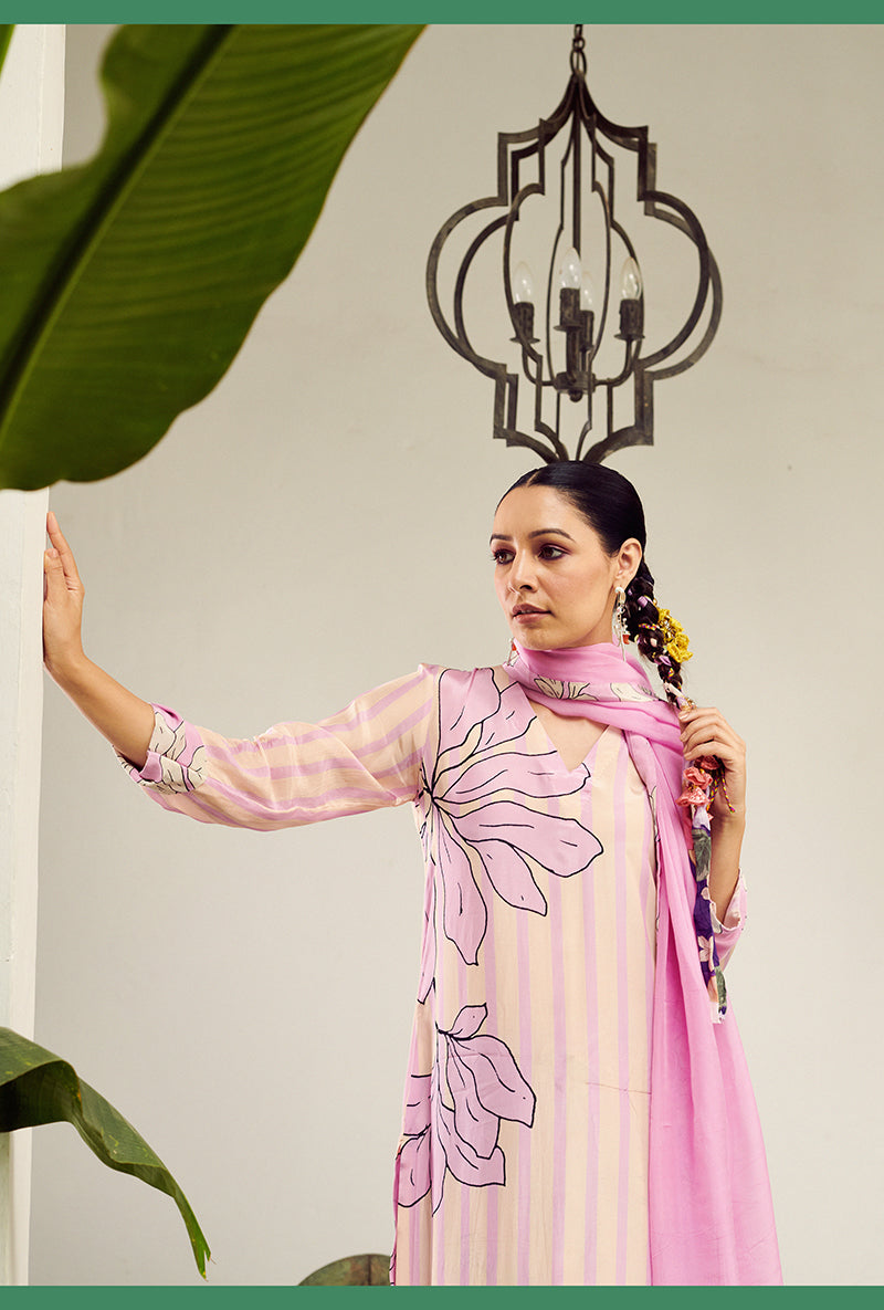 Mauve Big Flower Stripe Digital Printed Summer Wishlist Kurta Set