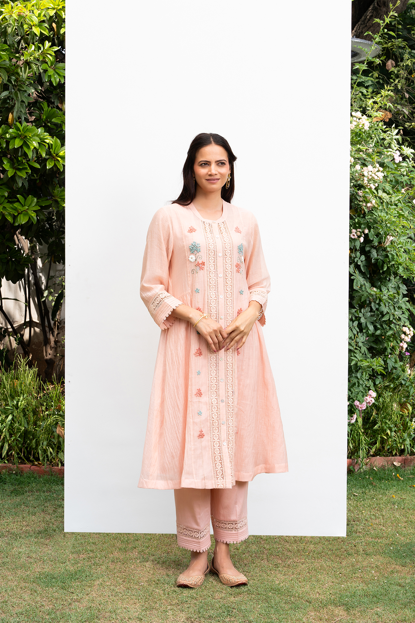 Peach Button Down Side Gathered Chanderi Kiki Kurta Set