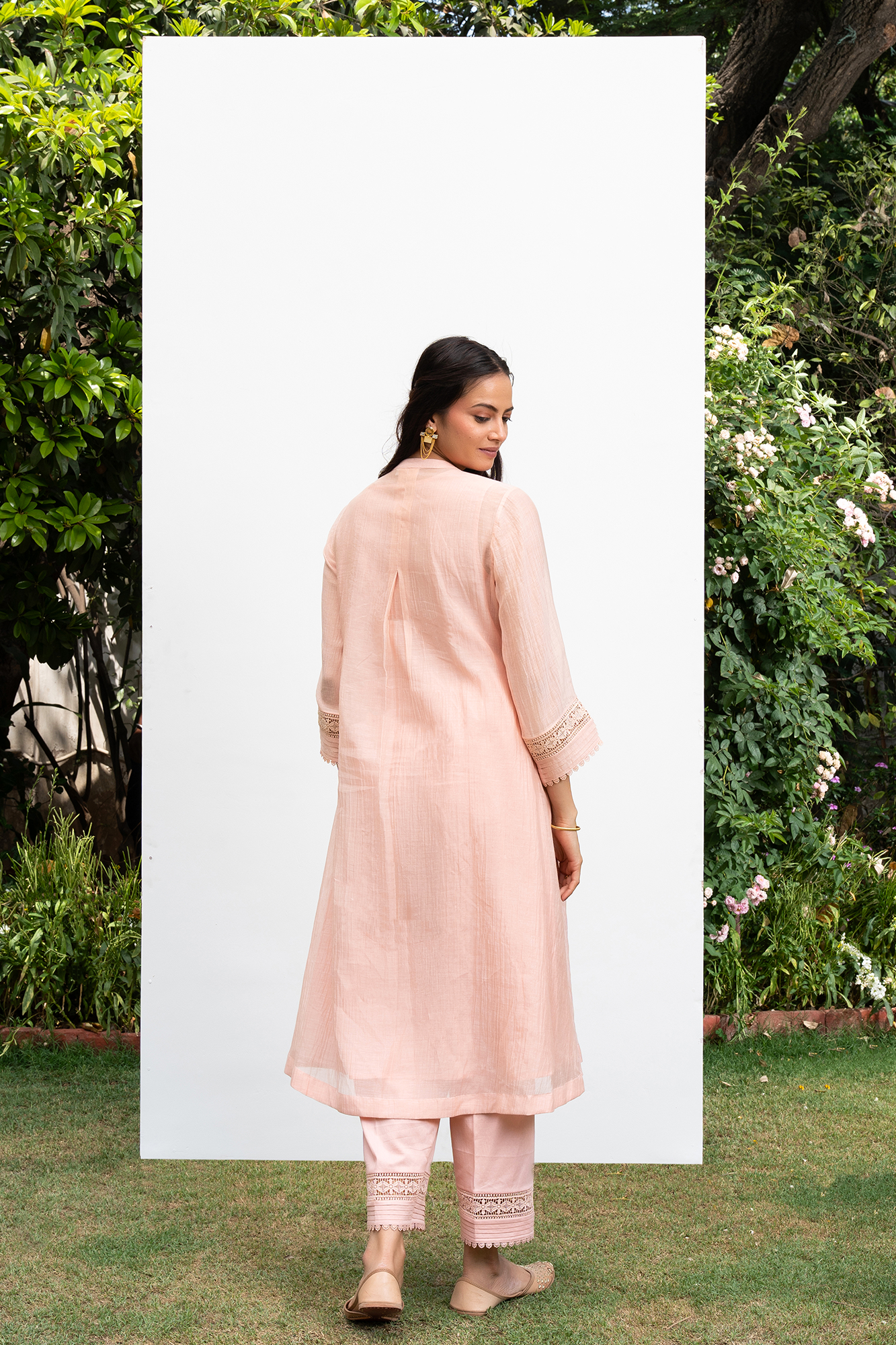 Peach Button Down Side Gathered Chanderi Kiki Kurta Set