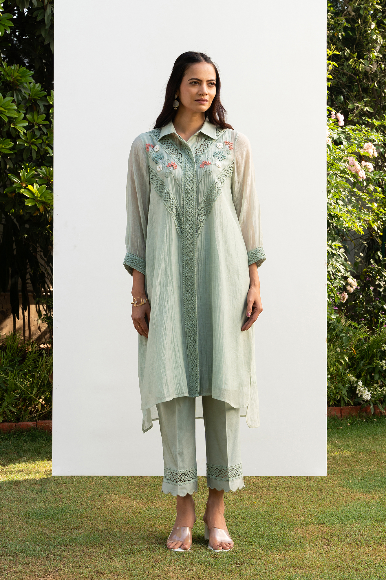 Sea Green Chanderi Collared Kiki Kurta Set