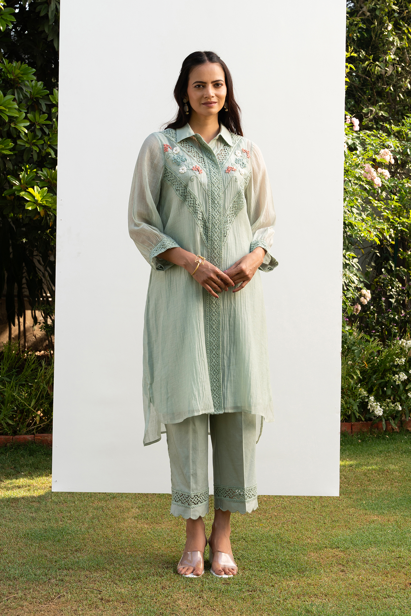 Sea Green Chanderi Collared Kiki Kurta Set