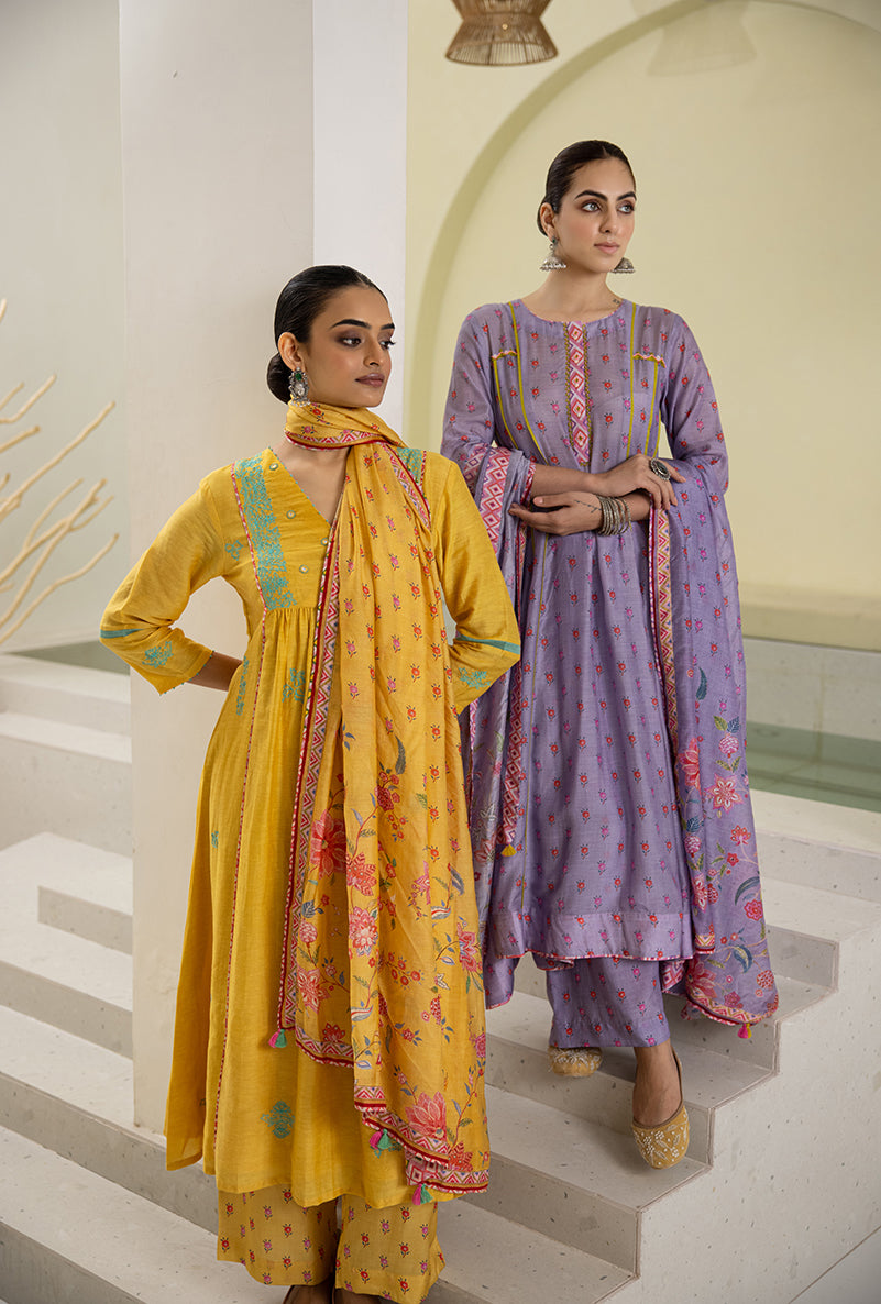 Lilac Printed A-line Reyah Kurta Set