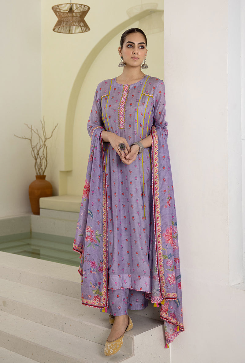 Lilac Printed A-line Reyah Kurta Set