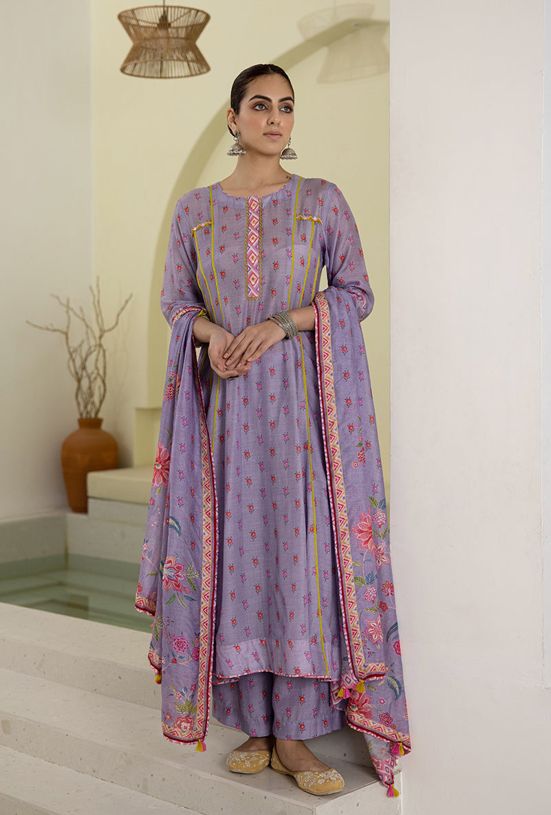 Lilac Printed A-line Reyah Kurta Set