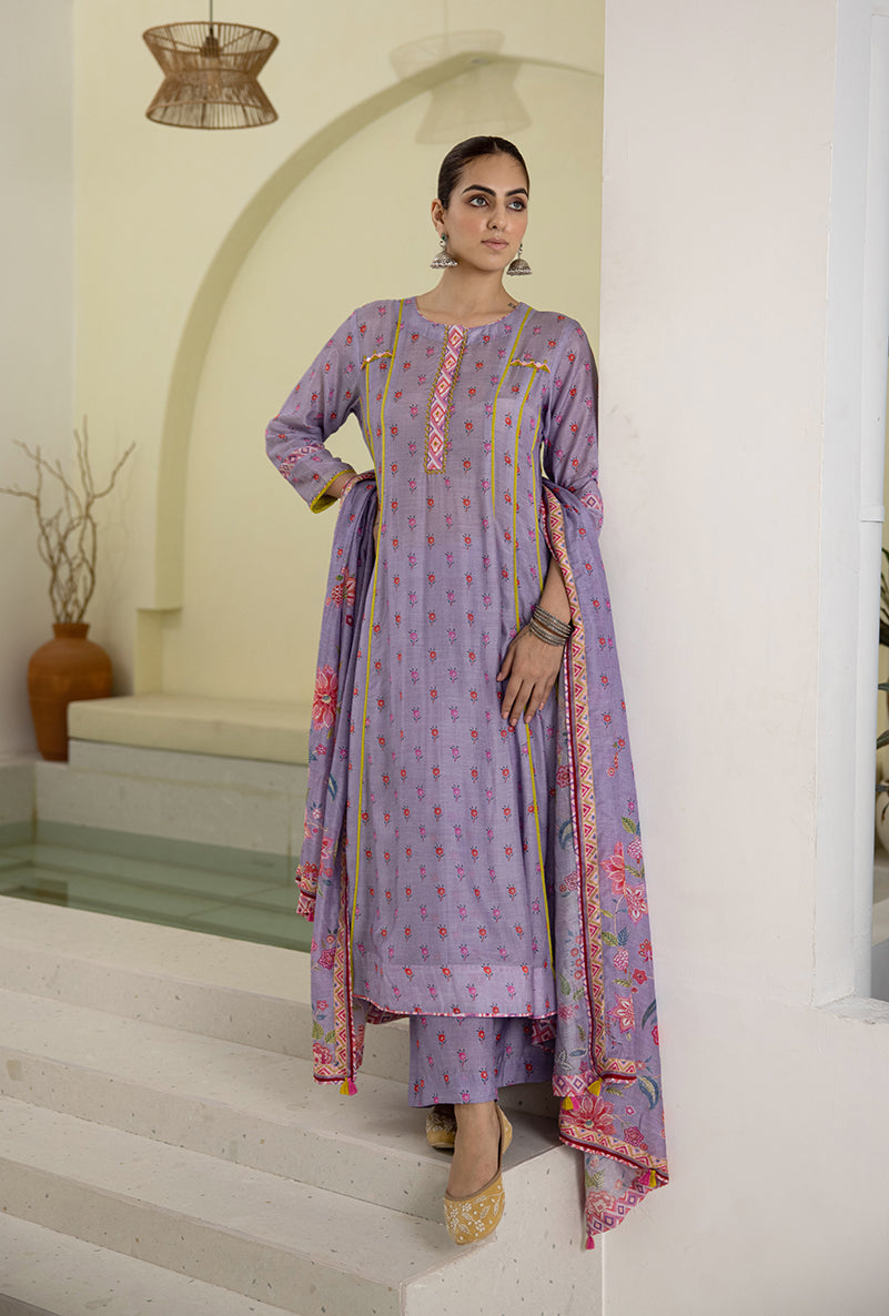 Lilac Printed A-line Reyah Kurta Set