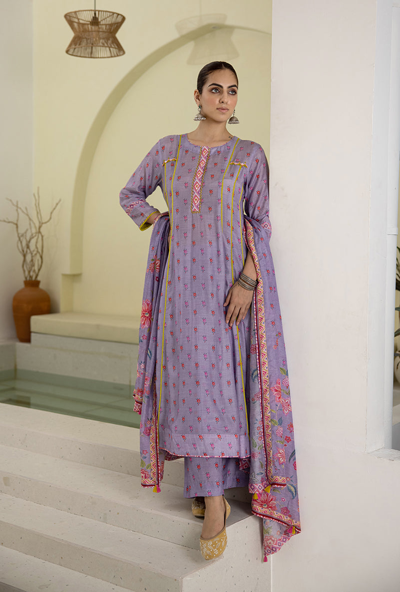 Lilac Printed A-line Reyah Kurta Set