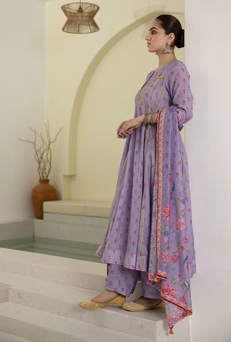 Lilac Printed A-line Reyah Kurta Set