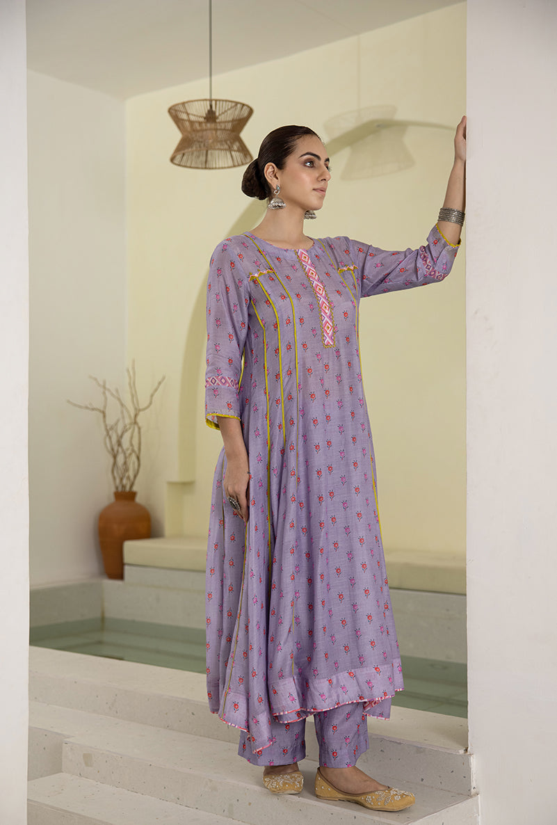 Lilac Printed A-line Reyah Kurta Set