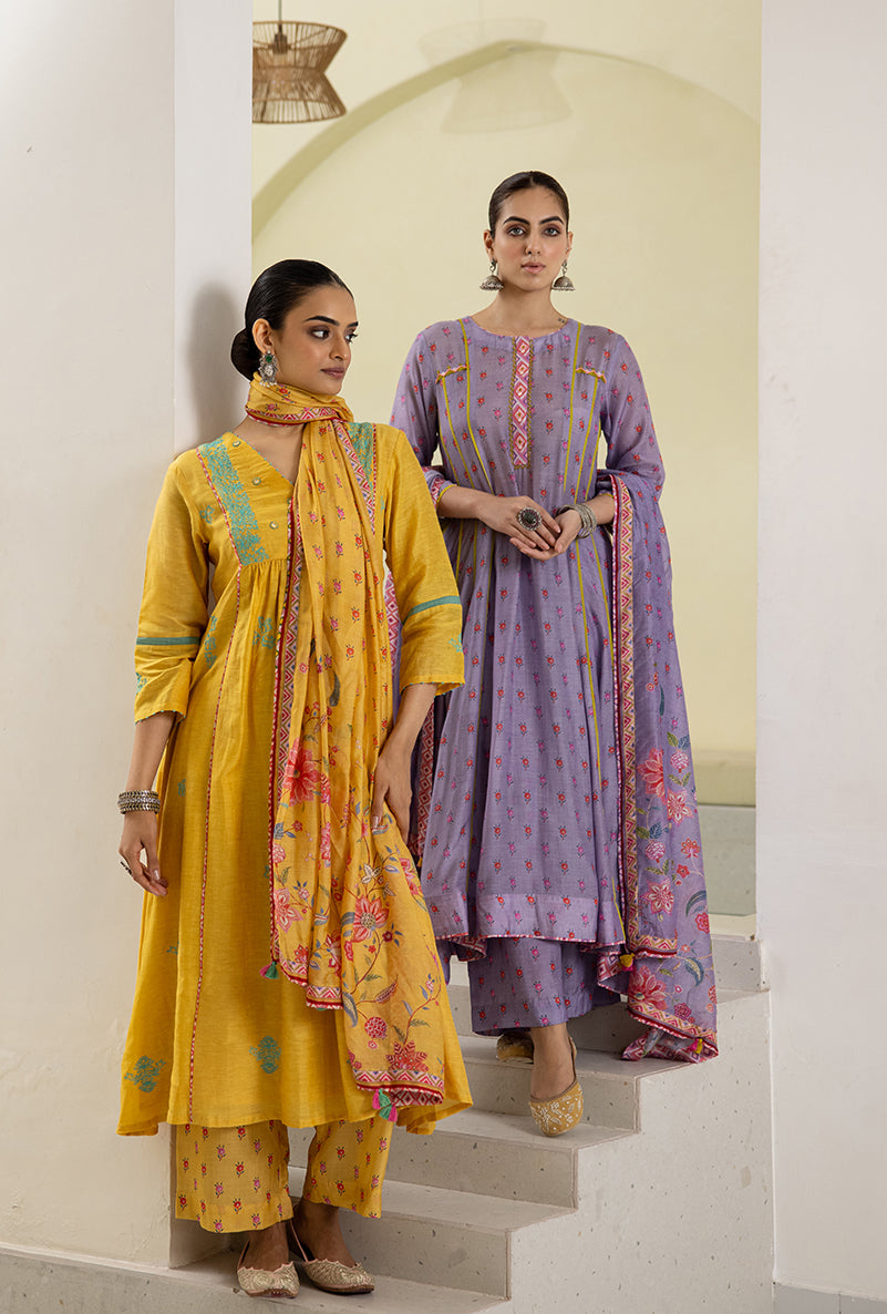 Lilac Printed A-line Reyah Kurta Set