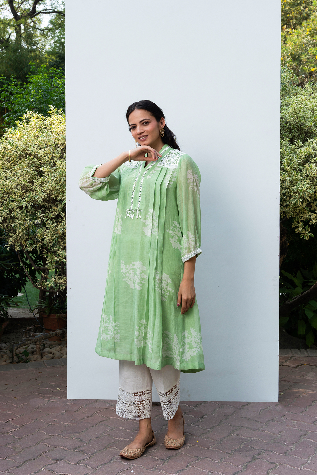 Apple Green Pleated Chanderi Kiki Kurta