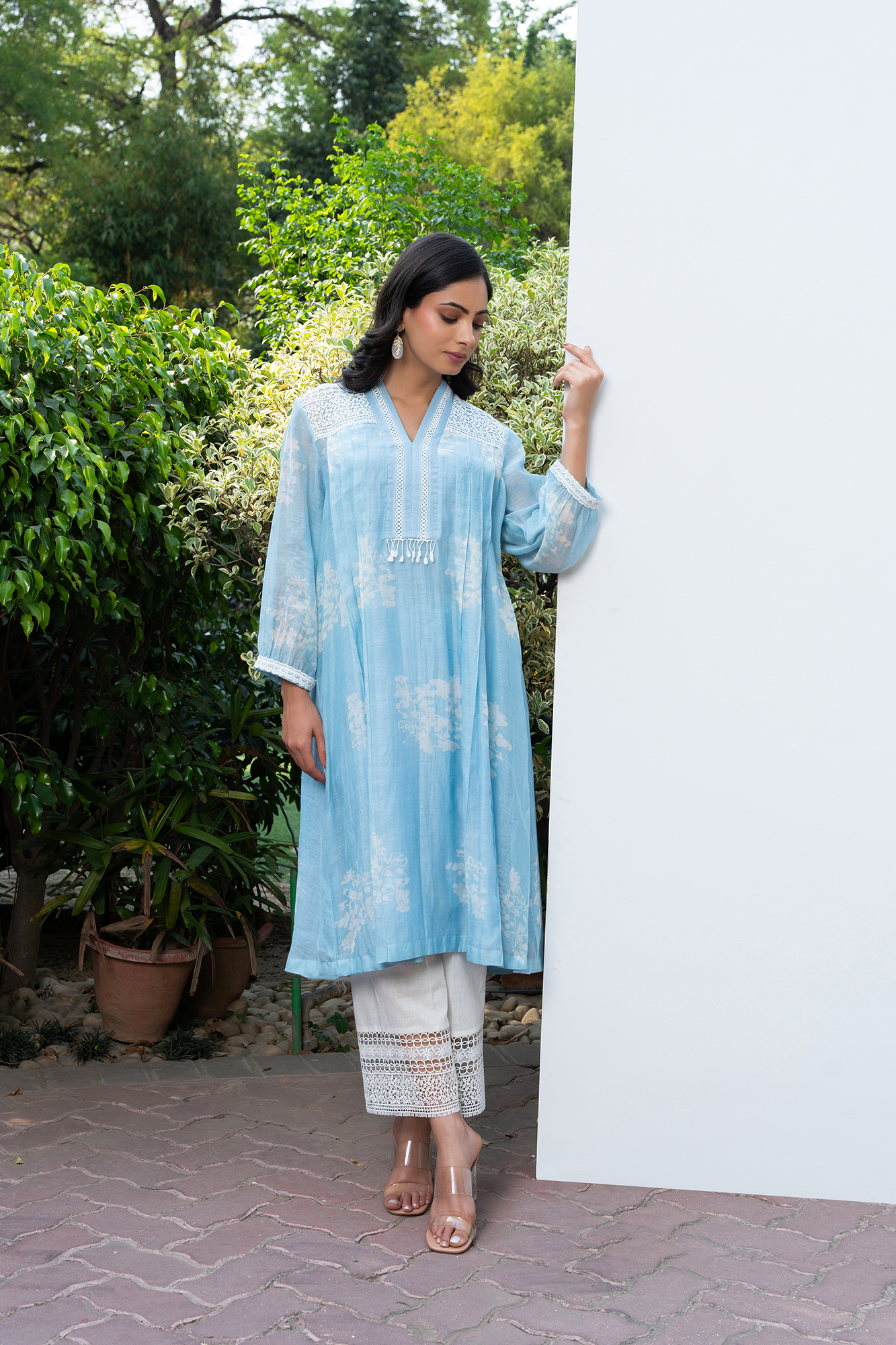 Powder Blue Pleated Chanderi Kiki Kurta Set
