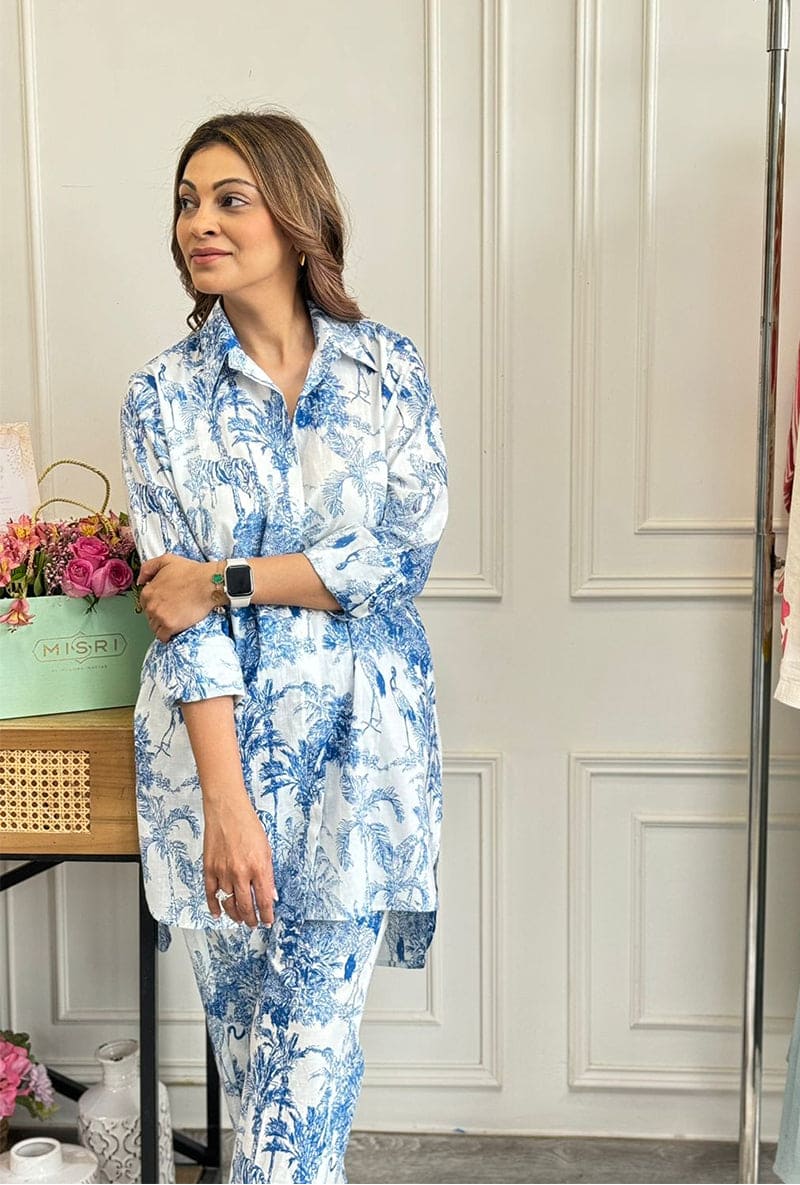 Meghna Nayyar In Blue Tropical High Low Lovebirds Coord Set