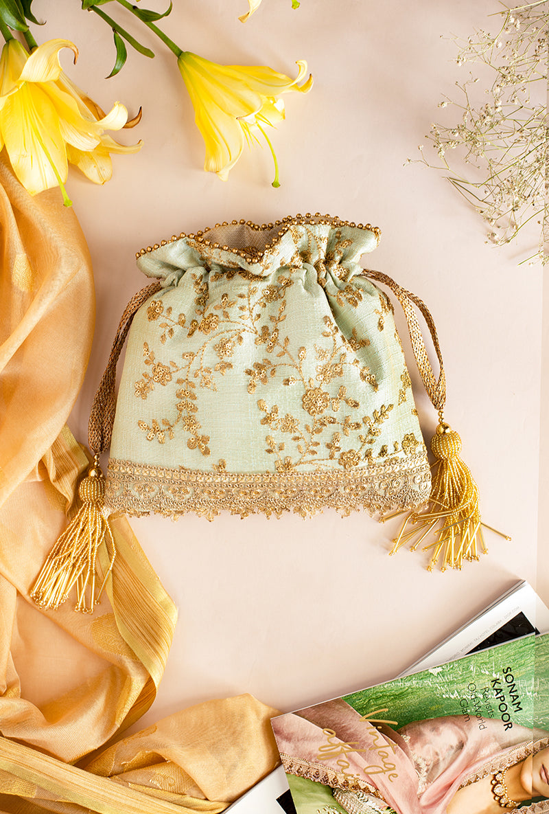 Mint Alia Silk Embroidered Potli Bag