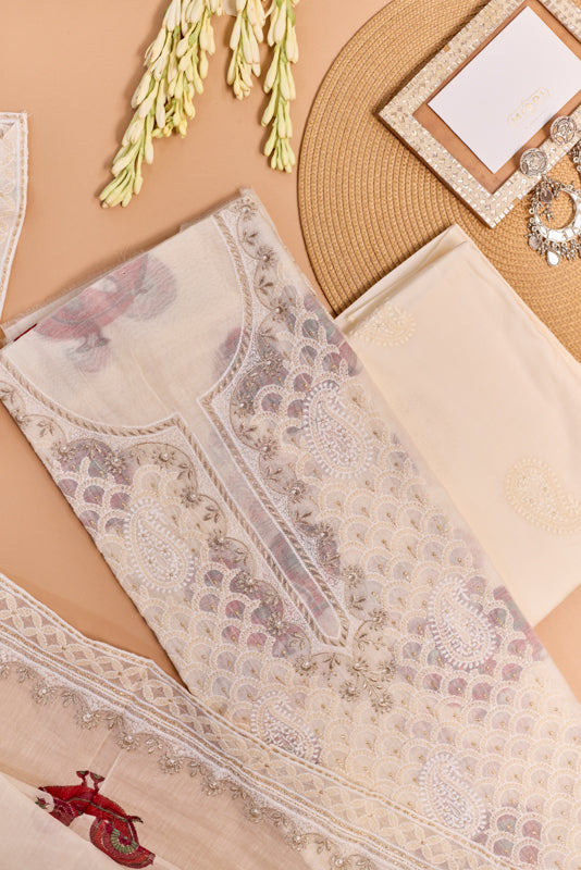 All Over Block Print Lucknowi Embroidery Unstitched Suit Set