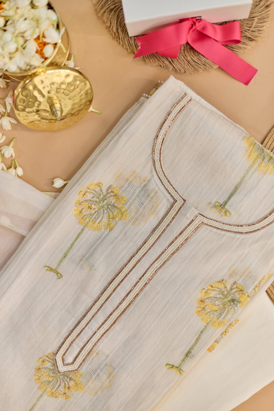 All Over Block Print Mul Chanderi Unstitched Suit Set
