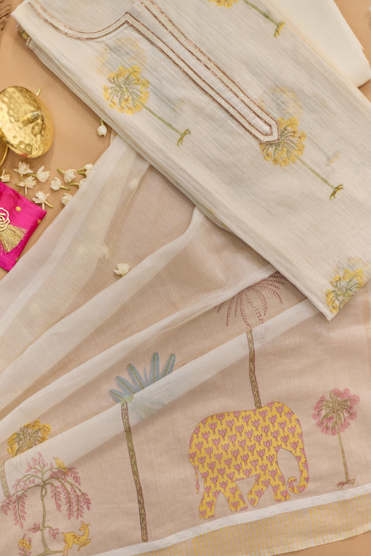 All Over Block Print Mul Chanderi Unstitched Suit Set