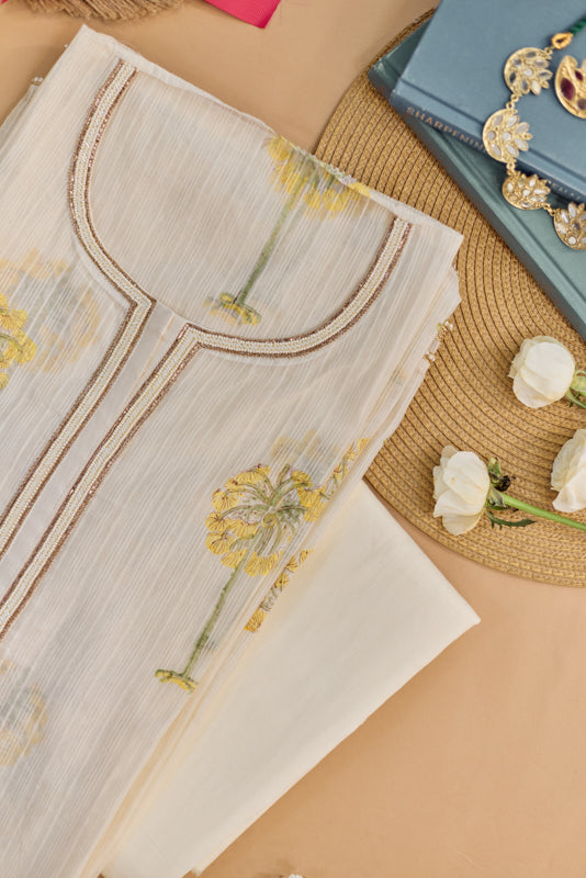 All Over Block Print Mul Chanderi Unstitched Suit Set