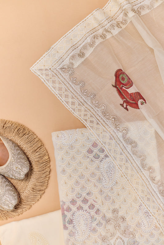 All Over Block Print Lucknowi Embroidery Unstitched Suit Set