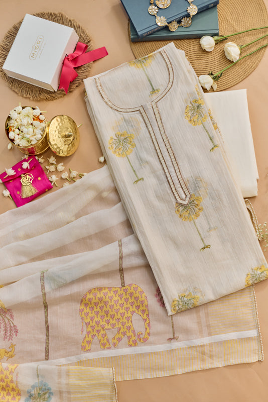 All Over Block Print Mul Chanderi Unstitched Suit Set