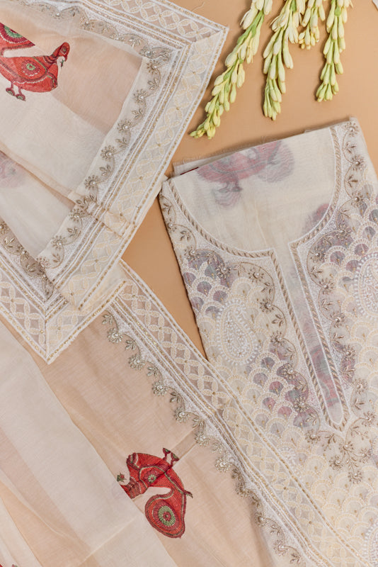 All Over Block Print Lucknowi Embroidery Unstitched Suit Set