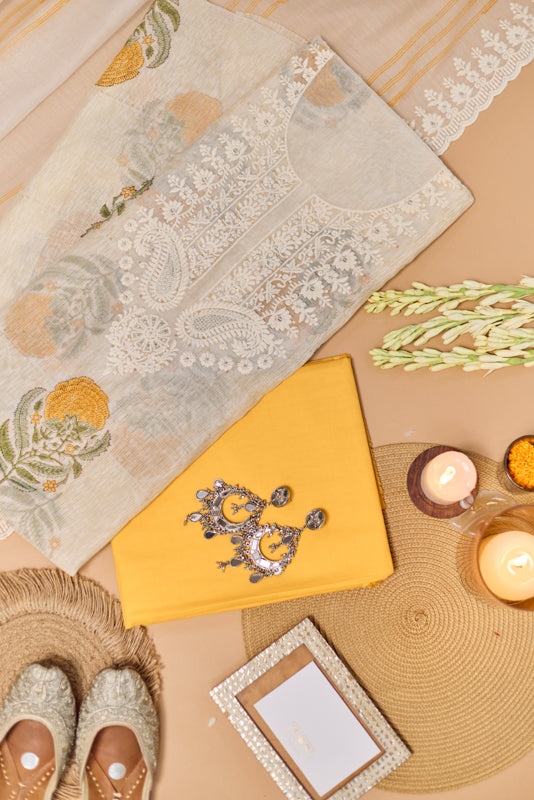 Block Print Thread and Zari Embroidered Unstitched Suit Set