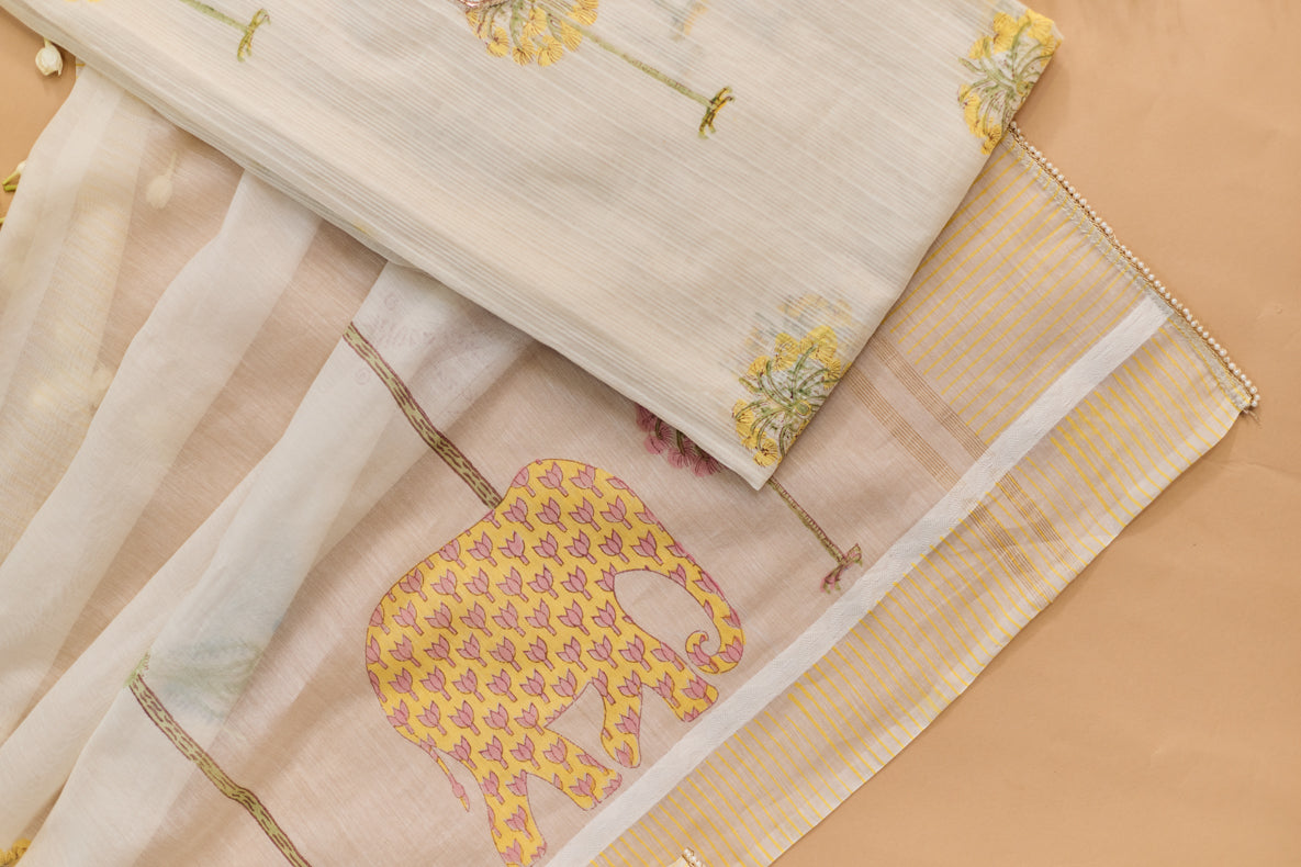 All Over Block Print Mul Chanderi Unstitched Suit Set