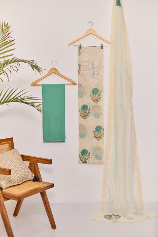 Block Print Thread and Zari Embroidered Unstitched Suit Set