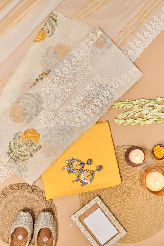 Block Print Thread and Zari Embroidered Unstitched Suit Set