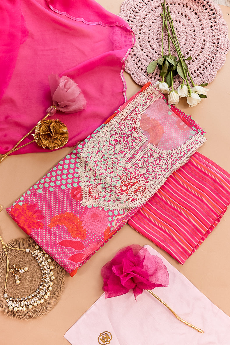 All Over Digital Print Thread Embroidery Unstiched Suit Set