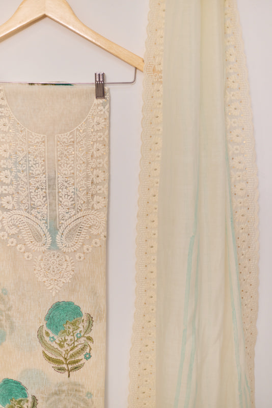 Block Print Thread and Zari Embroidered Unstitched Suit Set