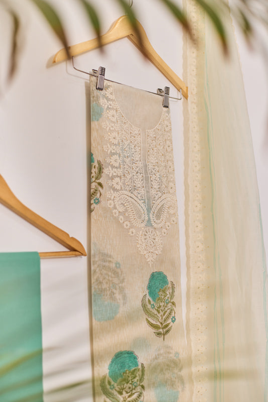 Block Print Thread and Zari Embroidered Unstitched Suit Set