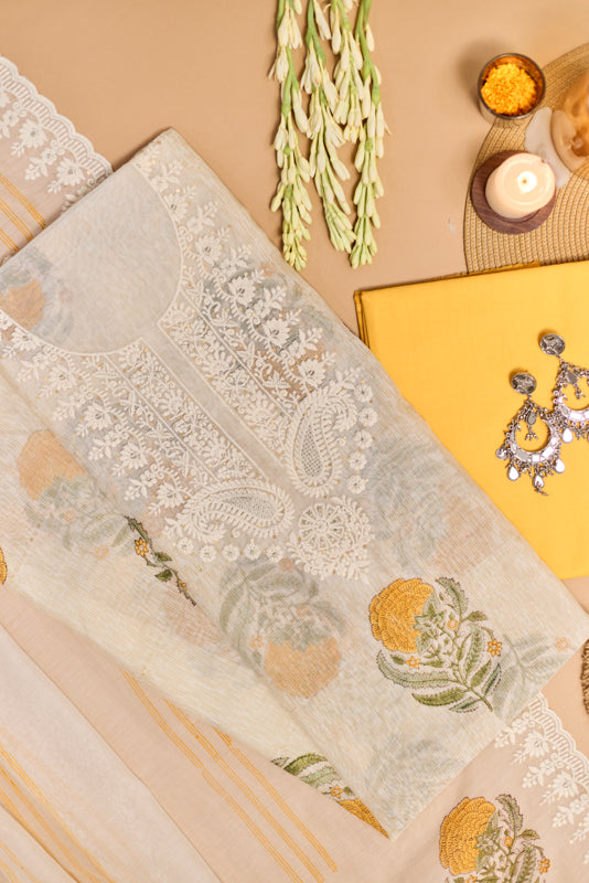 Block Print Thread and Zari Embroidered Unstitched Suit Set
