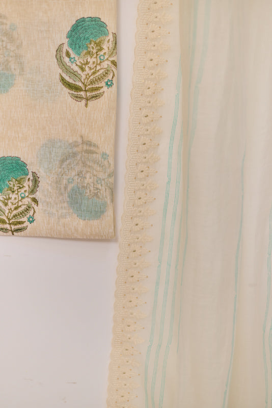 Block Print Thread and Zari Embroidered Unstitched Suit Set