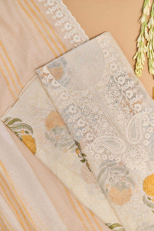 Block Print Thread and Zari Embroidered Unstitched Suit Set