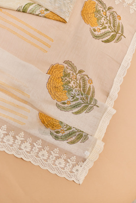 Block Print Thread and Zari Embroidered Unstitched Suit Set