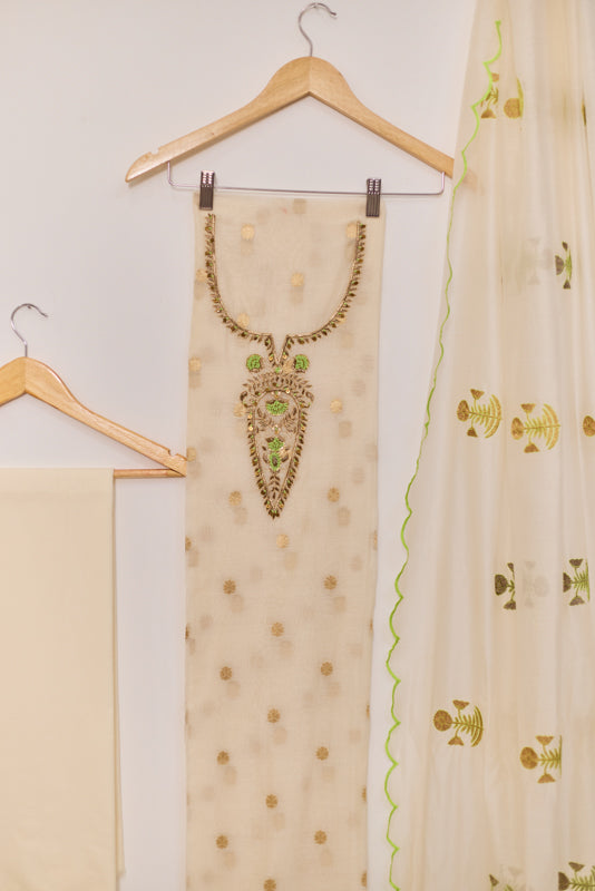 Zari And Dabka Embroidered Yoke Unstitched Suit Set
