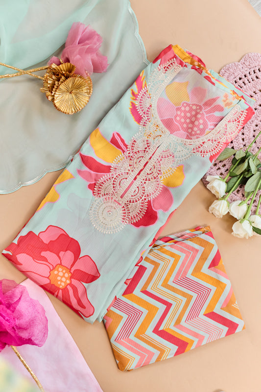 All Over Digital Print Thread Embroidery Unstiched Suit Set